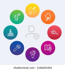 Modern, simple vector icon set on colorful circle backgrounds with sound, map, wireless, pictogram, water, jug, star, musical, account, user, wrench, delete, technology, tool, holiday, pin, web icons