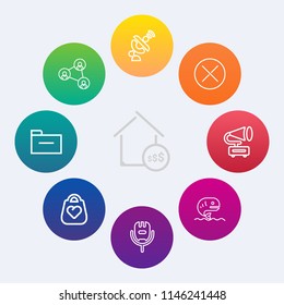 Modern, simple vector icon set on colorful circle backgrounds with estate, style, fish, object, real, housing, property, file, leather, satellite, document, seafood, fashion, folder, screen, bag icons