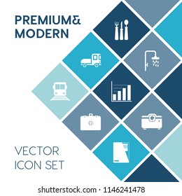 Modern, simple vector icon set on blue colorful background with travel, car, shower, document, cooking, information, truck, sign, graph, fork, transportation, emergency, trucking, delivery, web icons