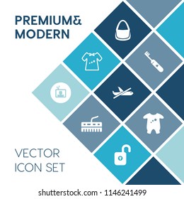 Modern, simple vector icon set on blue colorful background with tv, airplane, protection, television, accessory, technology, travel, piano, child, toothbrush, music, clothes, video, keyboard icons