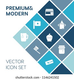 Modern, simple vector icon set on blue colorful background with sweet, shop, nutrition, supermarket, cake, travel, airplane, drink, flight, jam, brush, store, bottle, usa, cart, customer, cup icons
