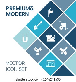Modern, simple vector icon set on blue colorful background with magnet, accessibility, horseshoe, sink, shuttle, space, cold, concept, ship, hammer, energy, vacation, handicap, sand, beach, tap icons