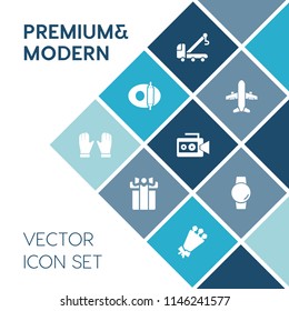 Modern, simple vector icon set on blue colorful background with view, glove, gadget, plane, accident, blossom, camera, blue, celebration, service, car, white, present, time, truck, cooking, top icons