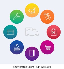 Modern, simple vector icon set on colorful circle backgrounds with bread, cart, snorkel, paper, repair, lunch, plastic, sea, road, tomato, bottle, gift, sandwich, van, car, trolley, pump, mask icons