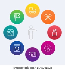 Modern, simple vector icon set on colorful circle backgrounds with pointing, flag, national, education, sea, showing, paddle, equipment, shipping, canoe, america, banner, boat, red, person, box icons