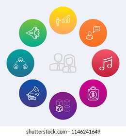 Modern, simple vector icon set on colorful circle backgrounds with jetliner, sale, work, hierarchy, sky, office, people, person, development, house, communication, business, aircraft, travel icons