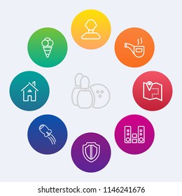 Modern, simple vector icon set on colorful circle backgrounds with internet, classic, retro, architecture, game, protect, sweet, male, pipe, technology, food, sport, house, location, music, map icons