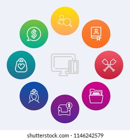 Modern, simple vector icon set on colorful circle backgrounds with account, care, interior, online, business, circle, money, payment, fashion, paddle, shopping, sofa, water, leather, couch, tag icons