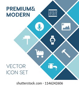 Modern, simple vector icon set on blue colorful background with post, photo, frame, equipment, record, volume, white, image, paper, bathroom, old, sign, picture, watch, music, hammer, sink, sale icons