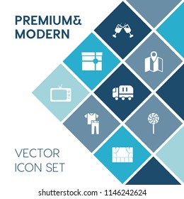 Modern, simple vector icon set on blue colorful background with wine, tv, liquid, bow, lollipop, clothes, red, sweet, city, technology, bar, car, travel, gps, food, box, pin, truck, textile, map icons