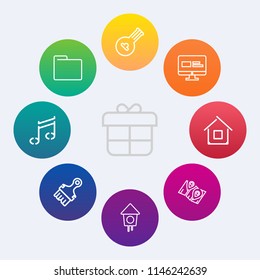 Modern, simple vector icon set on colorful circle backgrounds with folk, musical, music, birdhouse, location, surprise, holiday, decoration, blank, building, play, empty, object, travel, sound,  icons