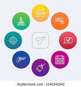 Modern, simple vector icon set on colorful circle backgrounds with button, tag, message, customer, ocean, time, smartphone, communication, video, vessel, timetable, web, email, buy, technology icons