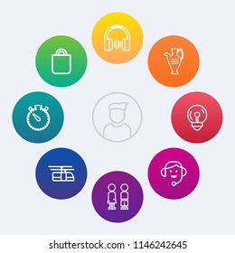 Modern, simple vector icon set on colorful circle backgrounds with timer, jug, profile, gift, stereo, sound, transportation, center, decoration, male, bag, headset, happy, electric, office, blue icons