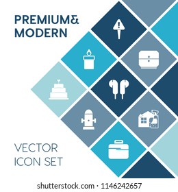 Modern, simple vector icon set on blue colorful background with food, water, business, audio, safety, cake, web, attention, candle, protection, drawer, dessert, glowing, danger, christmas, bag icons