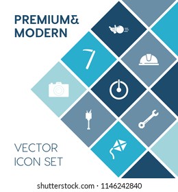 Modern, simple vector icon set on blue colorful background with industry, bowling, game, fun, competition, party, power, equipment, repair, photography, recreation, construction, tool, camera icons