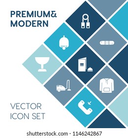 Modern, simple vector icon set on blue colorful background with appliance, shirt, school, phone, paper, search, medicine, ring, brochure, bell, equipment, alert, home, look, training, lecture icons