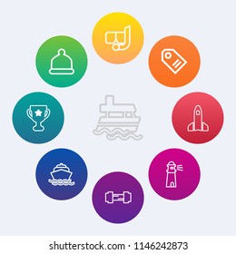 Modern, simple vector icon set on colorful circle backgrounds with head, gym, winner, exercise, nautical, style, fitness, place, summer, hat, shuttle, snorkeling, snorkel, water, sport, space icons
