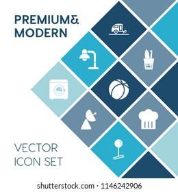 Modern, simple vector icon set on blue colorful background with camper, pin, vacation, decor, signal, furniture, housework, caravan, health, lamp, communication, soccer, transport, journey, wash icons