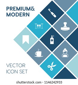 Modern, simple vector icon set on blue colorful background with toothpaste, dress, cut, groom, toothbrush, espresso, cafe, clean, hygiene, star, spray, mug, brush, mark, beverage, drum, sound icons