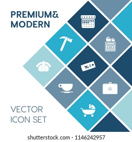 Modern, simple vector icon set on blue colorful background with airplane, time, child, business, pram, drink, wrench, construction, timetable, coffee, cup, modern, medical, plane, sushi, flight icons