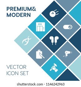 Modern, simple vector icon set on blue colorful background with industry, dentistry, competition, elevator, entrance, tool, dental, bowling, cutlery, dryer, hairdryer, transportation, table,  icons