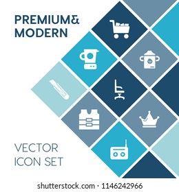 Modern, simple vector icon set on blue colorful background with queen, comfortable, milk, armchair, kid, kitchen, food, music, safety, pan, sound, royal, chair, sign, shop, crown, bottle, radio icons