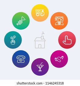 Modern, simple vector icon set on colorful circle backgrounds with investment, tree, architecture, glass, bugle, house, musical, business, jazz, telephone, travel, estate, juice, home, modern icons