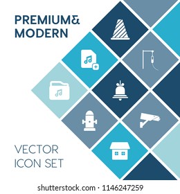 Modern, simple vector icon set on blue colorful background with web, doctor, notification, video, surveillance, ring, guard, water, security, architecture, house, medicine, sign, bell, fire, add icons