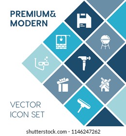 Modern, simple vector icon set on blue colorful background with roller, electricity, fire, power, floppy, food, printer, saw, box, sign, paint, antique, hot, grill, barbecue, computer, mill, old icons