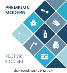 Modern, simple vector icon set on blue colorful background with chair, template, abstract, chief, fun, ribbon, kite, label, layout, table, repair, furniture, sky, screwdriver, price, hammer, tag icons