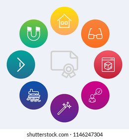 Modern, simple vector icon set on colorful circle backgrounds with business, magic, estate, home, science, magnet, arrow, pole, field, real, wand, eye, vessel, eyeglasses, ship, property, right icons