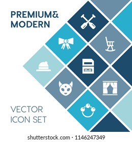 Modern, simple vector icon set on blue colorful background with furniture, child, rattle, data, accessory, home, fashion, file, interior, ufo, fiction, monster, toy, save, curtain, paddle, baby icons