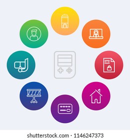 Modern, simple vector icon set on colorful circle backgrounds with web, shopping, water, hotel, musical, profile, snorkel, communication, video, notebook, estate, person, building, mask, music icons