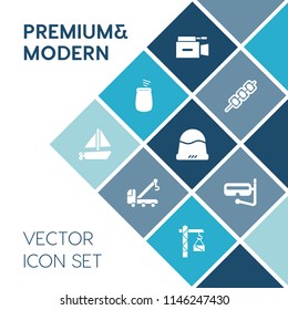 Modern, simple vector icon set on blue colorful background with professional, construction, headwear, musical, summer, lens, percussion, meat, video, sea, camera, truck, toy, music, water, hat icons