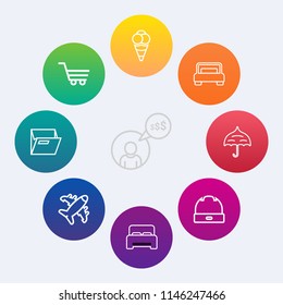 Modern, simple vector icon set on colorful circle backgrounds with business, computer, office, retail, person, blank, paper, fashion, file, store, rain, plane, flight, cart, bedroom, ice, laptop icons