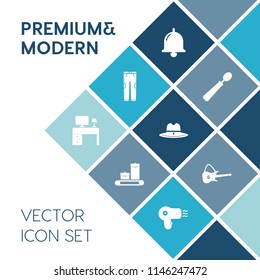 Modern, simple vector icon set on blue colorful background with texas, call, dryer, button, white, musical, clothes, clothing, work, kitchen, sheriff, dinner, music, travel, trousers, business icons