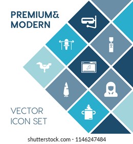 Modern, simple vector icon set on blue colorful background with face, orange, happy, dumbbell, water, equipment, health, woman, online, girl, drink, bottle, gallon, nutrition, underwater, summer icons
