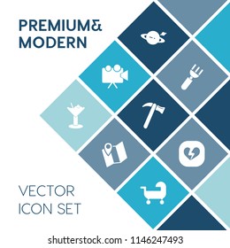 Modern, simple vector icon set on blue colorful background with presentation, meal, carriage, galaxy, bar, video, gps, heart, universe, screen, pin, wrench, tool, knife, travel, cinema, cocktail icons