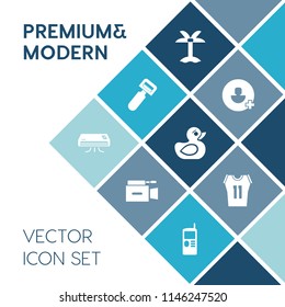 Modern, simple vector icon set on blue colorful background with plant, natural, utensil, telephone, equipment, television, tree, child, peeler, food, air, play, vegetable, nature, tool, shirt icons