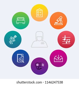 Modern, simple vector icon set on colorful circle backgrounds with furniture, musical, interior, research, checklist, travel, mark, home, bellboy, hospitality, download, service, biology, list icons