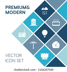 Modern, simple vector icon set on blue colorful background with biker, rain, crown, parachute, parachuting, pastry, business, media, wagasa, motorbike, queen, culture, rider, japanese, king, pie icons