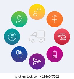 Modern, simple vector icon set on colorful circle backgrounds with bar, luxury, man, flame, cargo, vehicle, technology, head, counter, business, air, profile, delivery, online, transportation icons