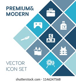 Modern, simple vector icon set on blue colorful background with life, knife, candlelight, dinner, bag, mouth, clean, safety, joystick, wash, briefcase, fresh, technology, case, toy, care, health icons