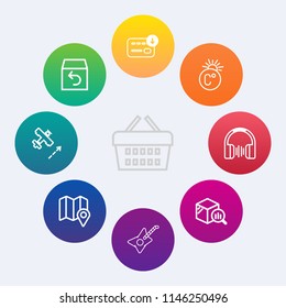 Modern, simple vector icon set on colorful circle backgrounds with fahrenheit, currency, audio, report, service, retail, market, airplane, stereo, flight, white, scale, sound, order, pin, dollar icons