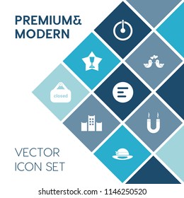 Modern, simple vector icon set on blue colorful background with romantic, travel, switch, achievement, ribbon, button, win, animal, control, love, magnet, competition, door, valentine, sign, off icons