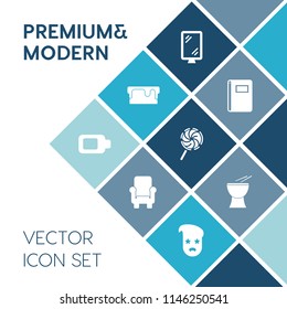 Modern, simple vector icon set on blue colorful background with object, cake, chair, delicious, sofa, pastry, traffic, full, sign, notebook, background, lollipop, electricity, battery, dessert icons
