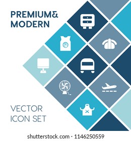 Modern, simple vector icon set on blue colorful background with pc, computer, transport, travel, internet, laptop, electric, fish, seafood, airport, office, rice, sign, cabinet, bus, salmon, fan icons
