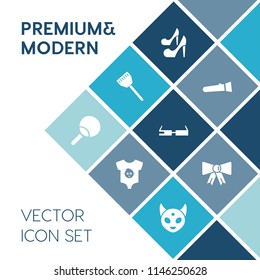 Modern, simple vector icon set on blue colorful background with space, beauty, clothes, heel, modern, electric, kid, light, bow, high, technology, cooking, smart, kitchen, torch, night, alien icons