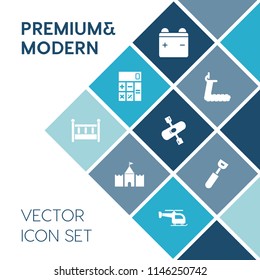 Modern, simple vector icon set on blue colorful background with treadmill, spoon, fitness, baby, transport, battery, activity, helicopter, furniture, energy, kayaking, water, financial, sign icons