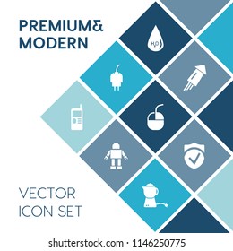 Modern, simple vector icon set on blue colorful background with festival, machine, mouse, year, futuristic, fire, charge, new, computer, future, drop, charger, check, device, event, clean, tea icons